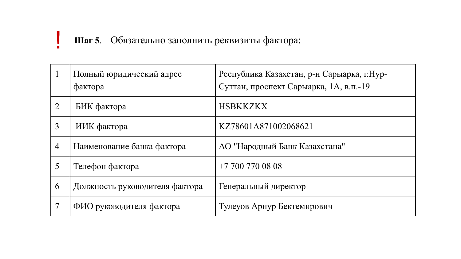 Таблица заполненных реквизитов Фактора