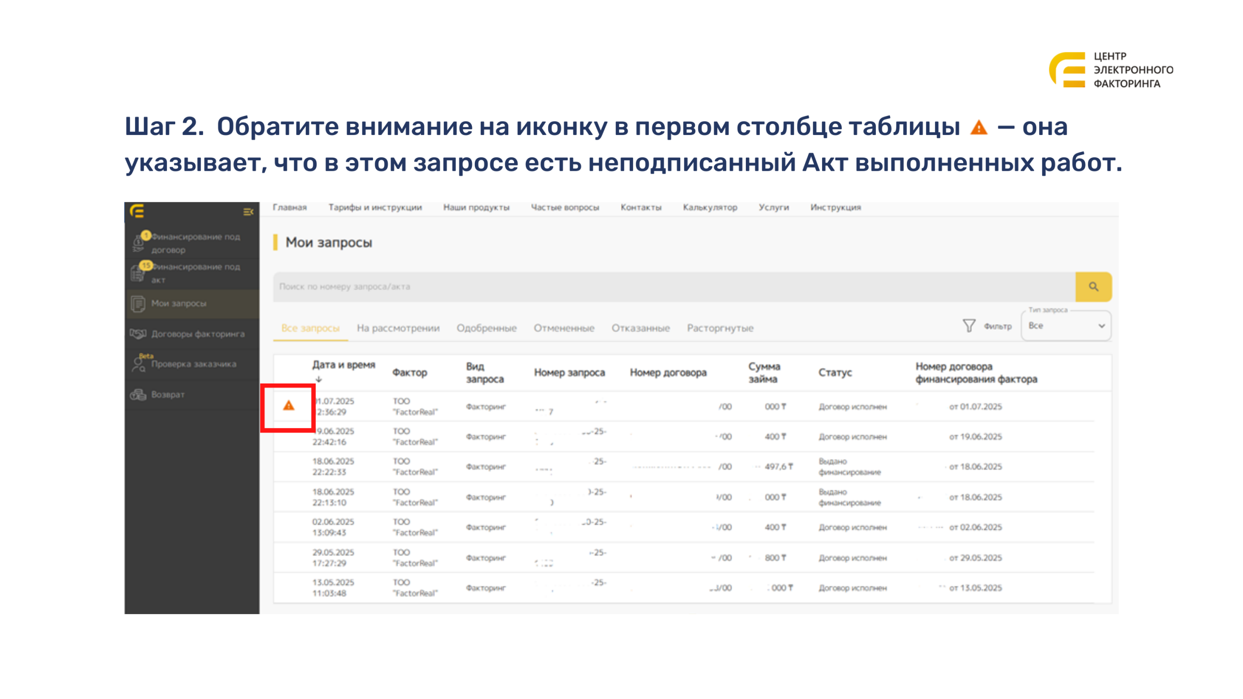 Список запросов с иконкой неподписанного АВР